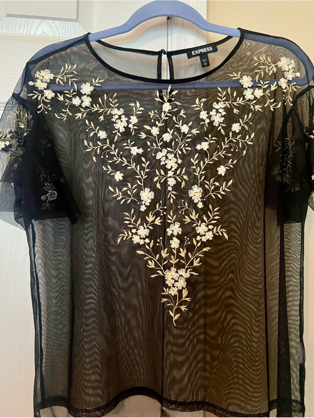 Express Black Sheer Top with Cream Floral Embroidery